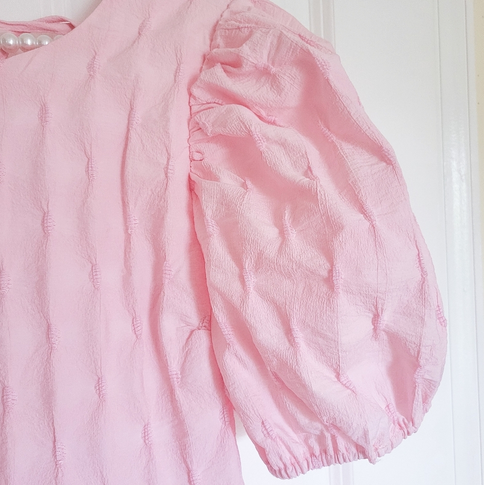 English Factory Pink Textured Balloon Mini Dress - Picture 5 of 15